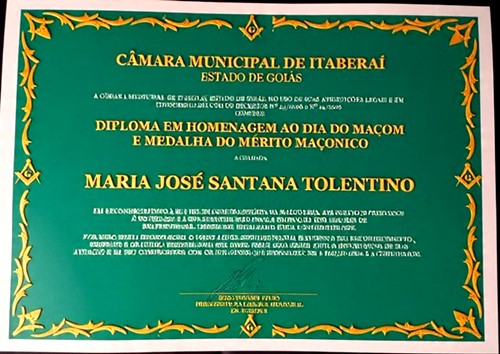 Diploma em homenagem ao Dia do Maçom